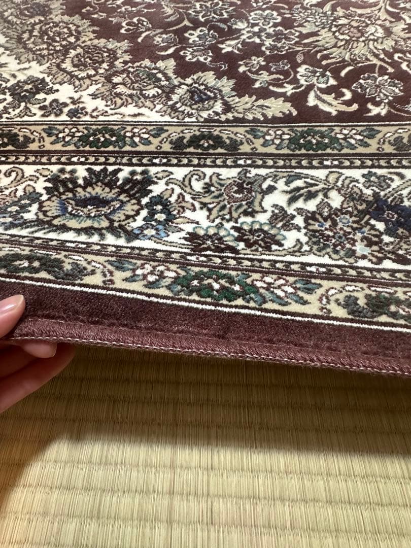 日本製ダークブラウン 花柄ラグ 約243cm x 243cm