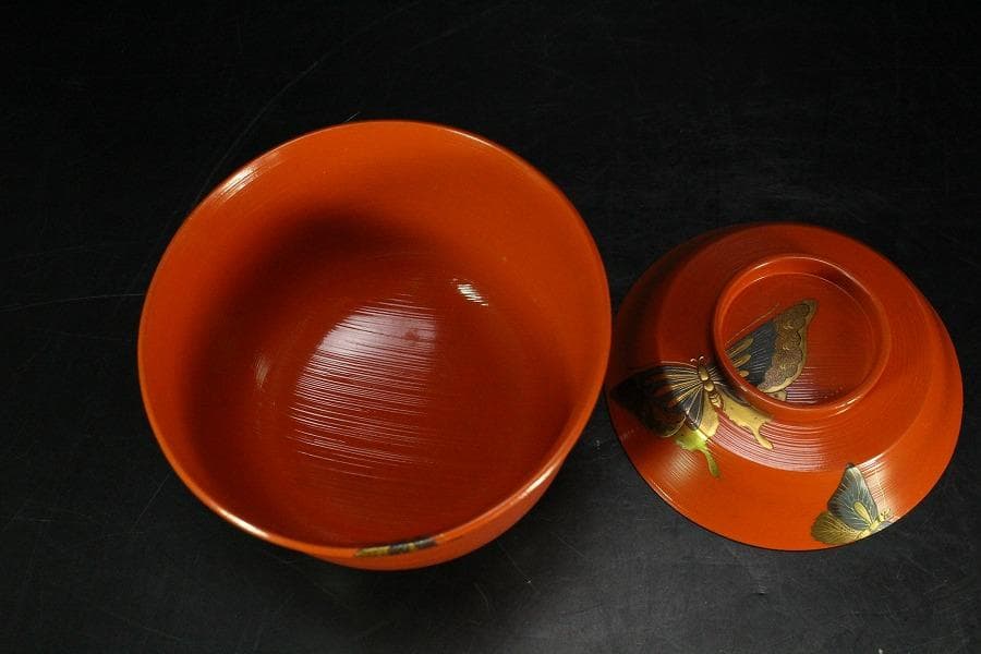 京都 象彦 造 群蝶蒔絵 朱刷毛目 小吸物椀 五客 共箱 美品(K-XA804)