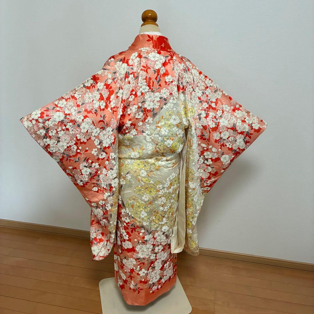 【美品】【振袖】総柄 桜 紗綾形地紋 朱色×アイボリー 卒業式 袴用にも