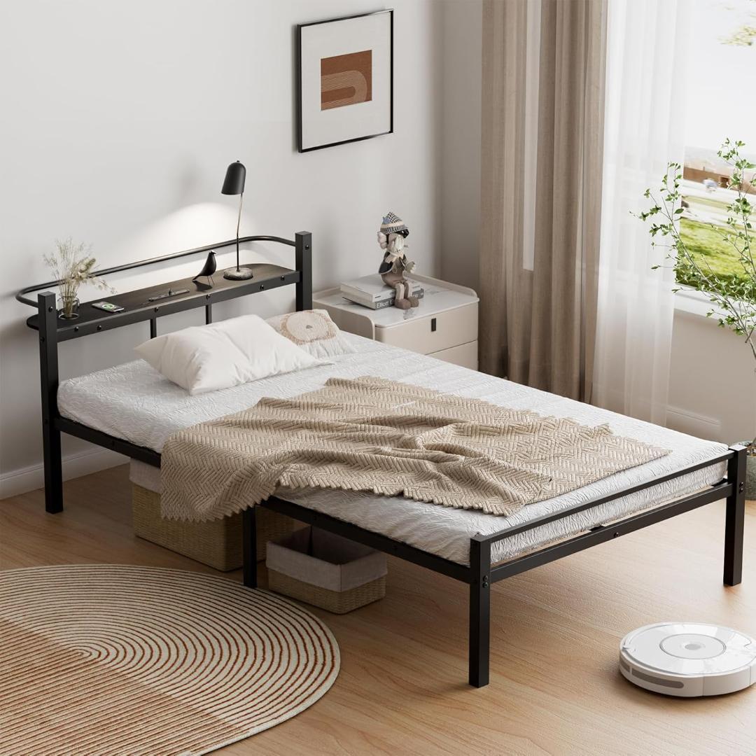 ベッドフレーム シングル 2口コンセント パイプベッド 組立簡単 高さ31cm