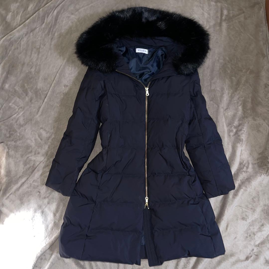 PLST ダウンジャケット ロング ファー フード付き ネイビー サイズS
