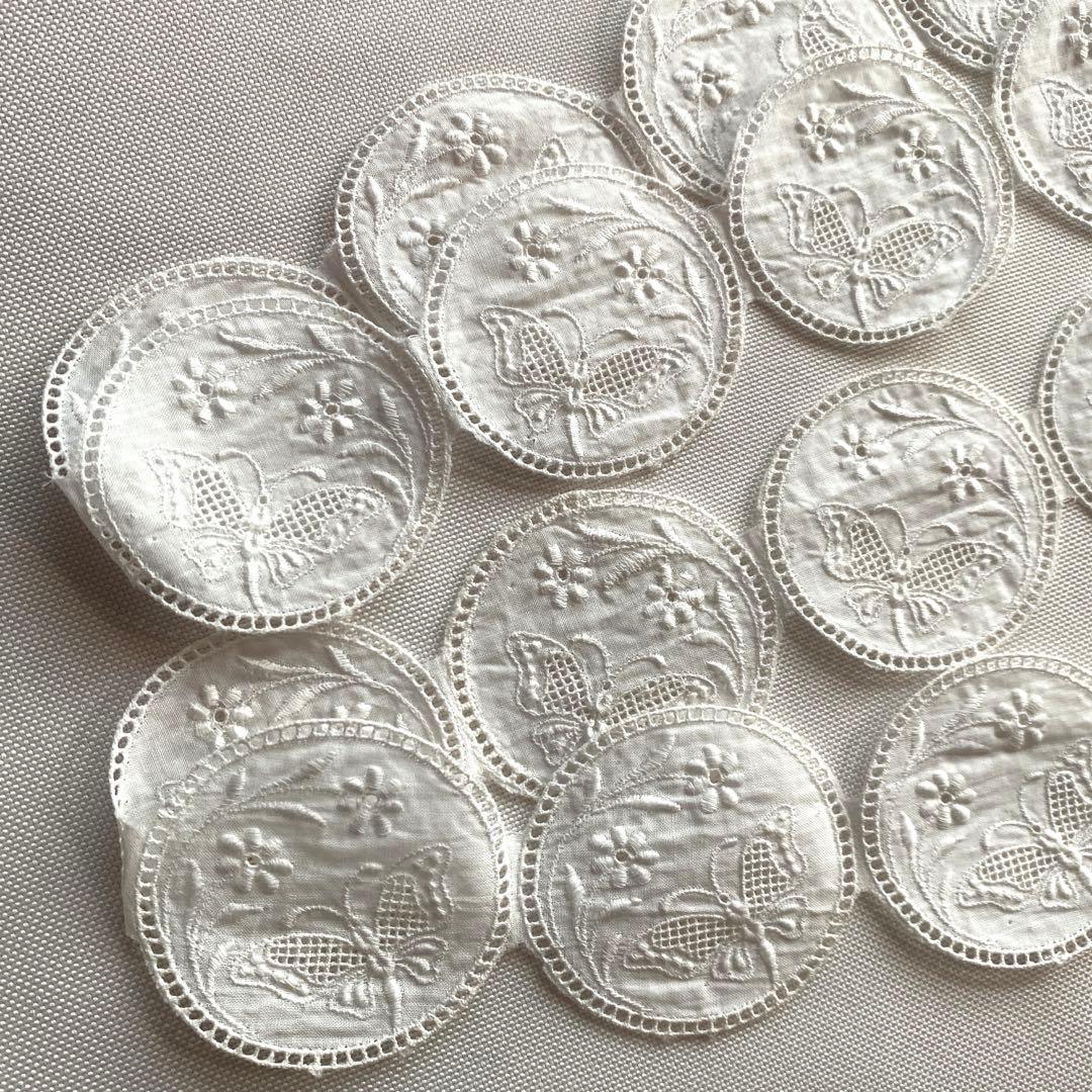 アンティーク ロマンティックコットン刺繍 リボンレース 蝶柄 丸型ワッペン24枚