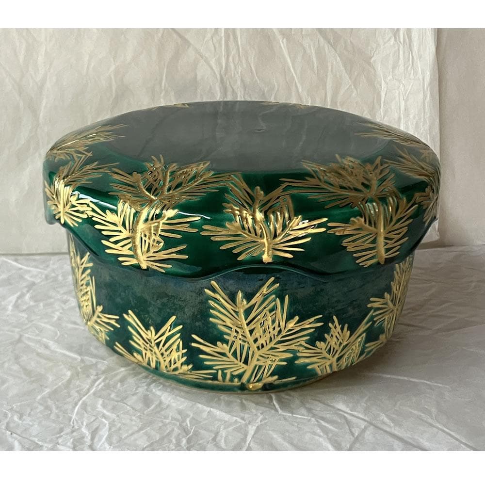 F1446 加賀瑞山 萬古窯 青釉 若松 喰籠 共箱 喰篭 菓子器 蓋物 茶道具