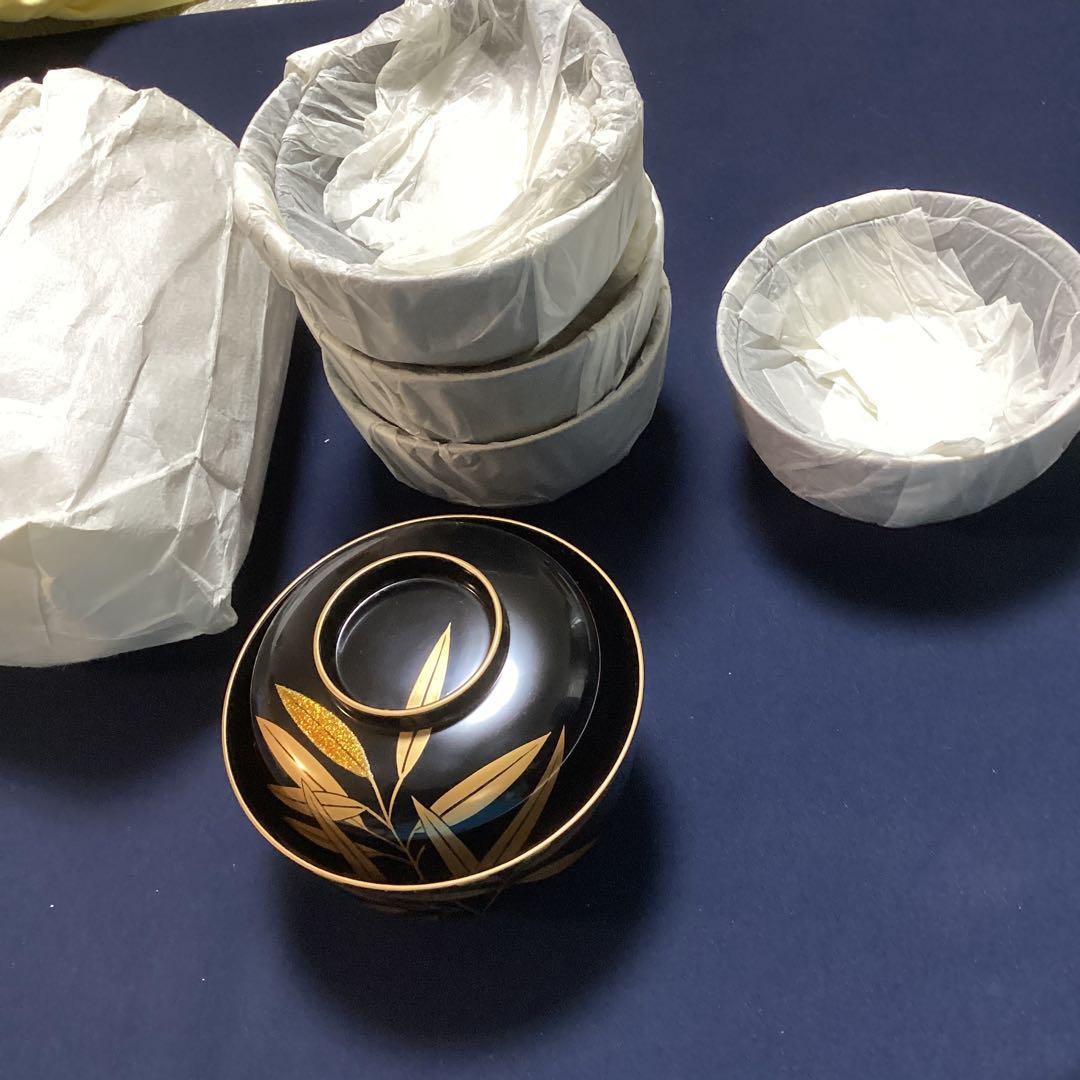 木製金蒔絵笹絵椀　　9客　　　新品未使用　　山中塗