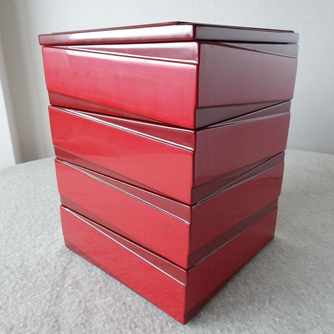 重箱　会津塗　漆器　4段重　天然木　本漆　朱赤　黒　漆工芸　吉田乙郎　モダン柄