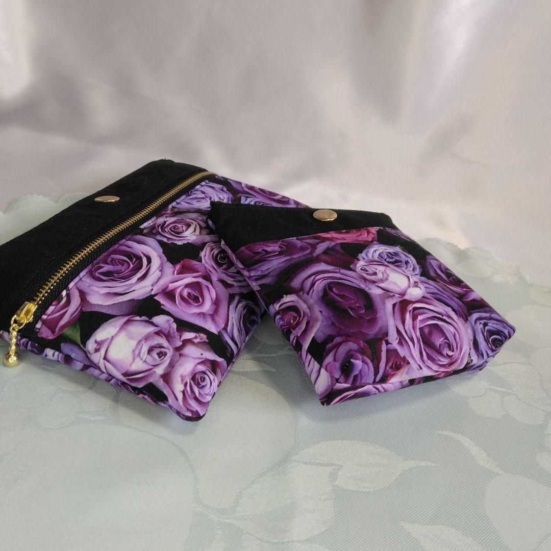 紫色のばら柄 ハンドメイドサイドポケット付きトートバッグ 　ポーチ　ばら柄セット