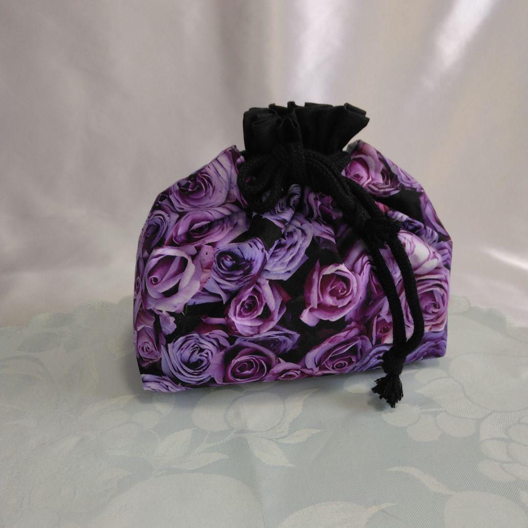 紫色のばら柄 ハンドメイドサイドポケット付きトートバッグ 　ポーチ　ばら柄セット