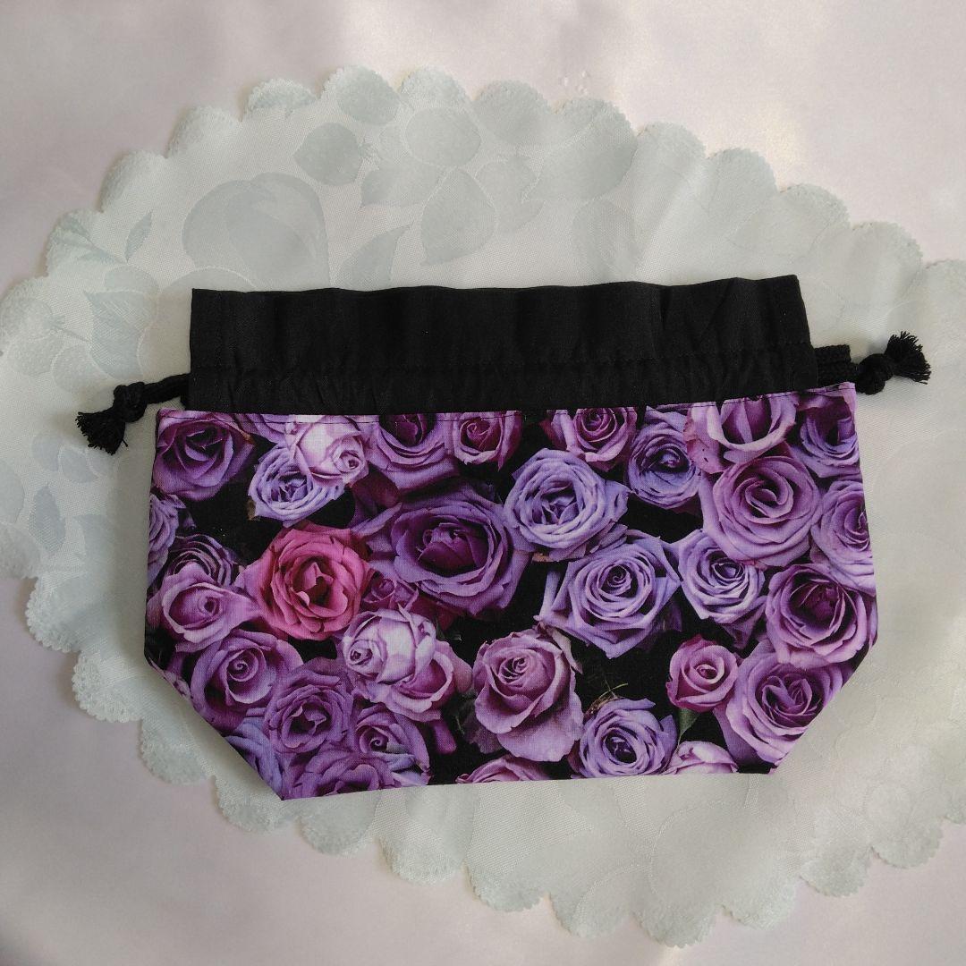 紫色のばら柄 ハンドメイドサイドポケット付きトートバッグ 　ポーチ　ばら柄セット