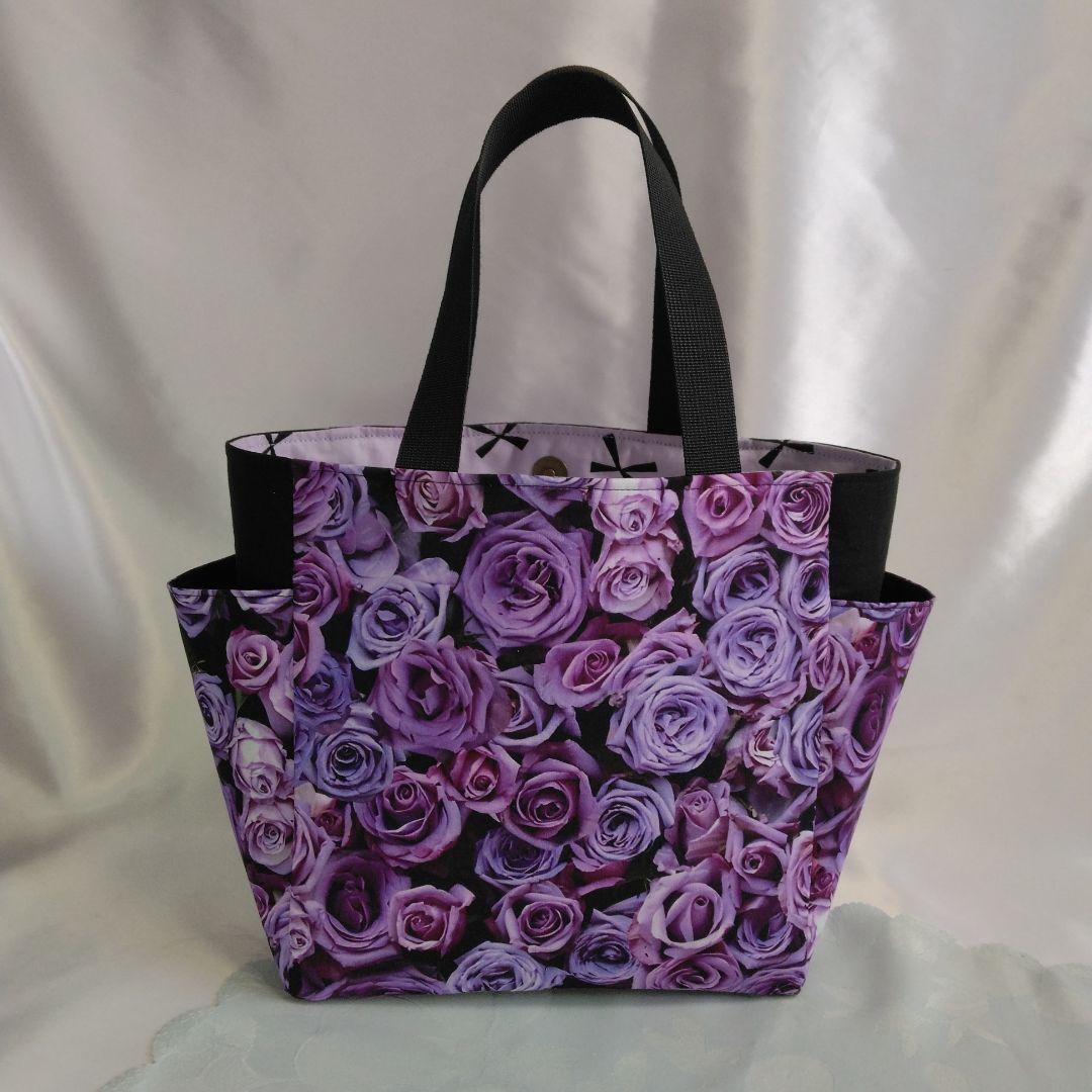 紫色のばら柄 ハンドメイドサイドポケット付きトートバッグ 　ポーチ　ばら柄セット