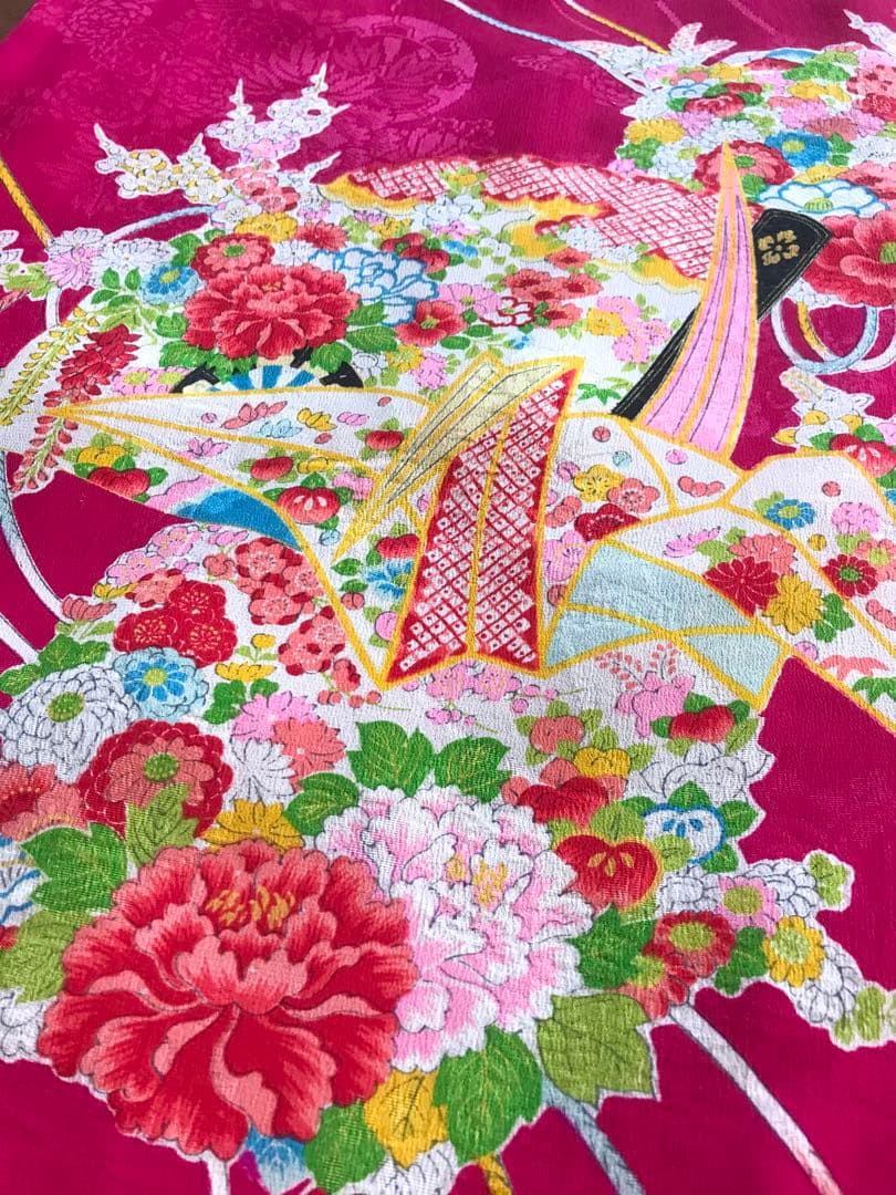 正絹 アンティーク着物 女の子 七五三 ◇檜扇 折鶴 まり 古典柄