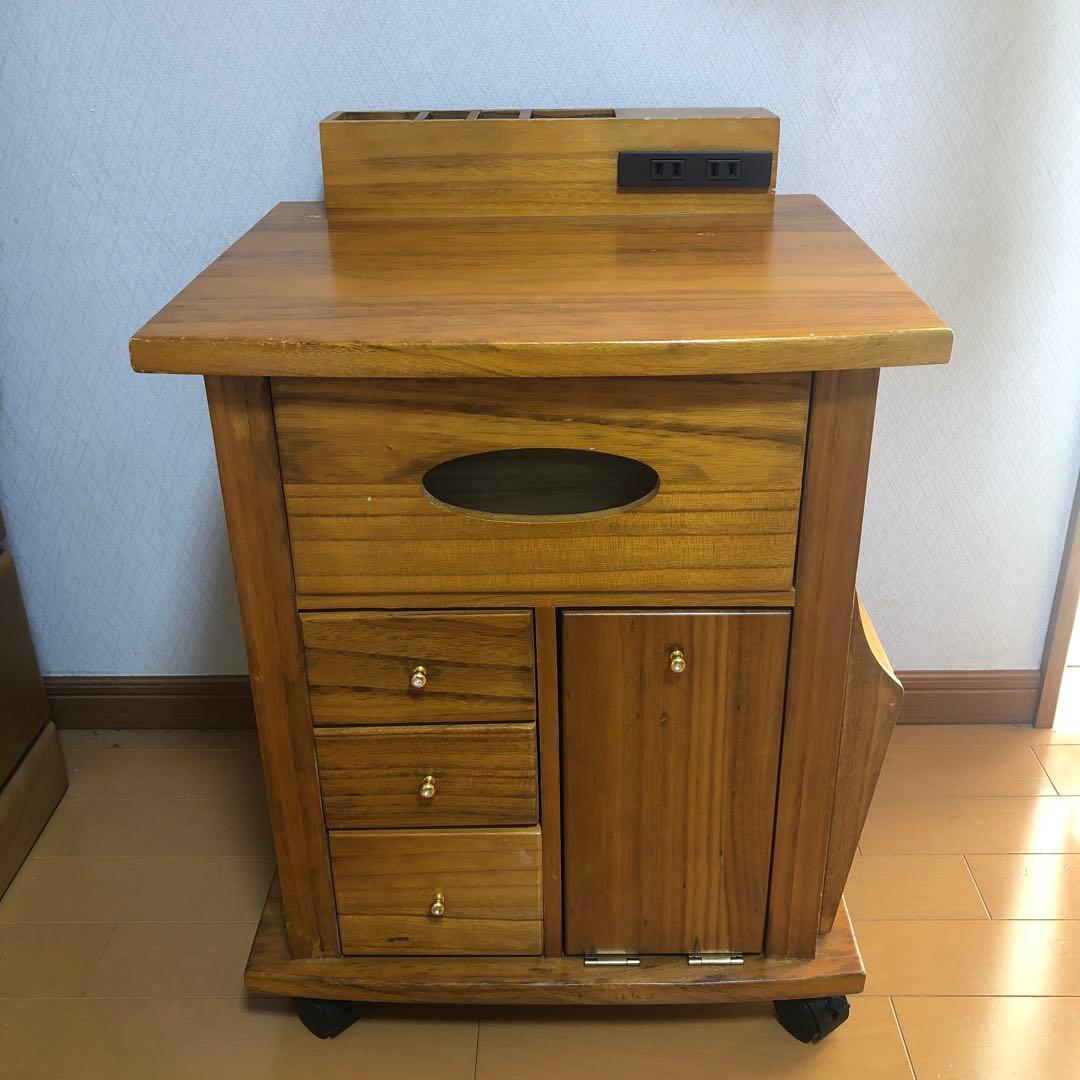 すっ桐 ナイトワゴン/サイドテーブル 木製 二口コンセント/キャスター付き