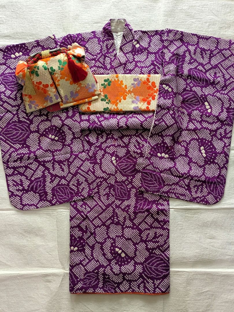 5-7歳　レトロ正絹紫総絞り牡丹　七五三　お着物・作り帯セット　アンティーク
