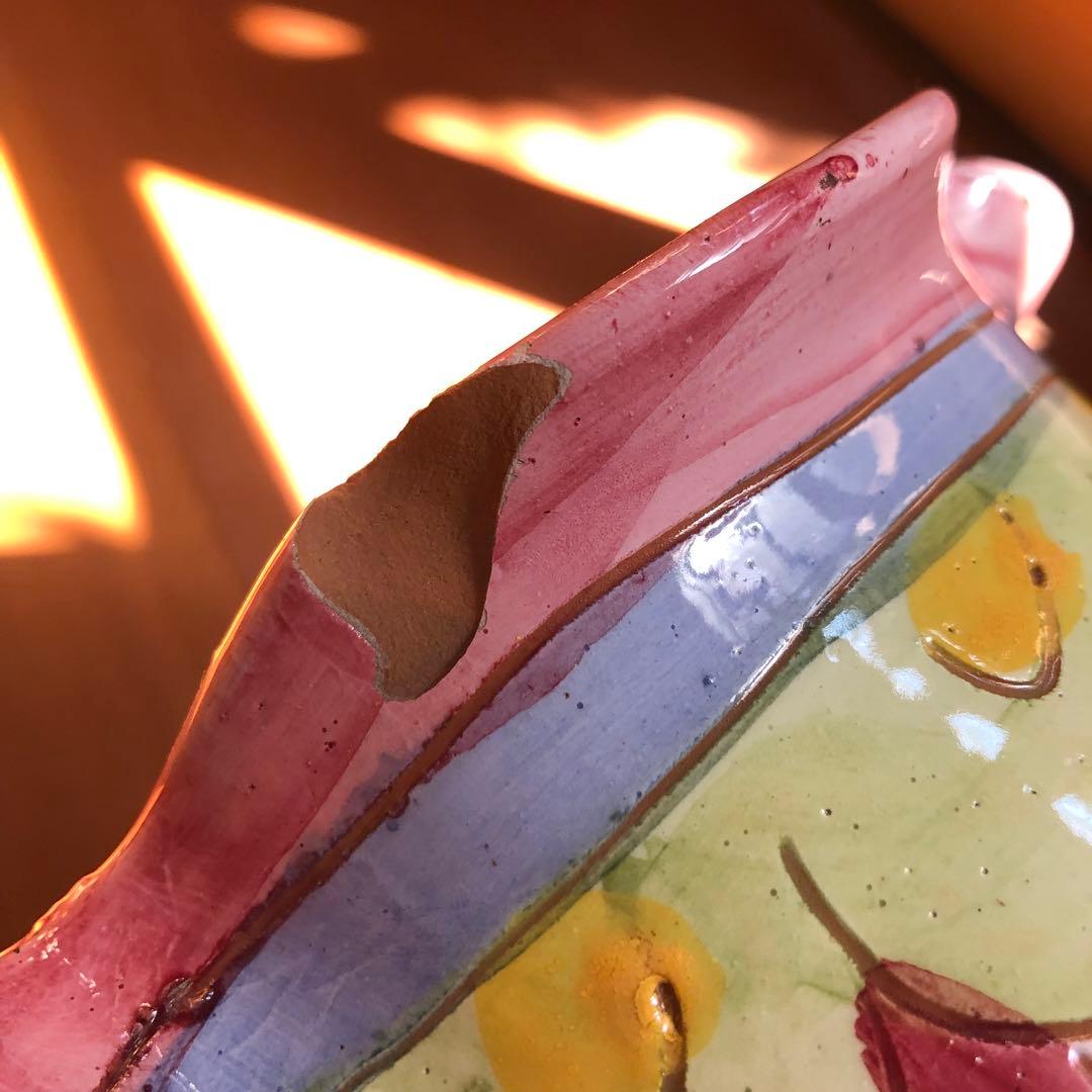 イタリア製高さ42㎝手書き花柄陶器製フリル陶器花瓶傘立てピンク系アンティーク