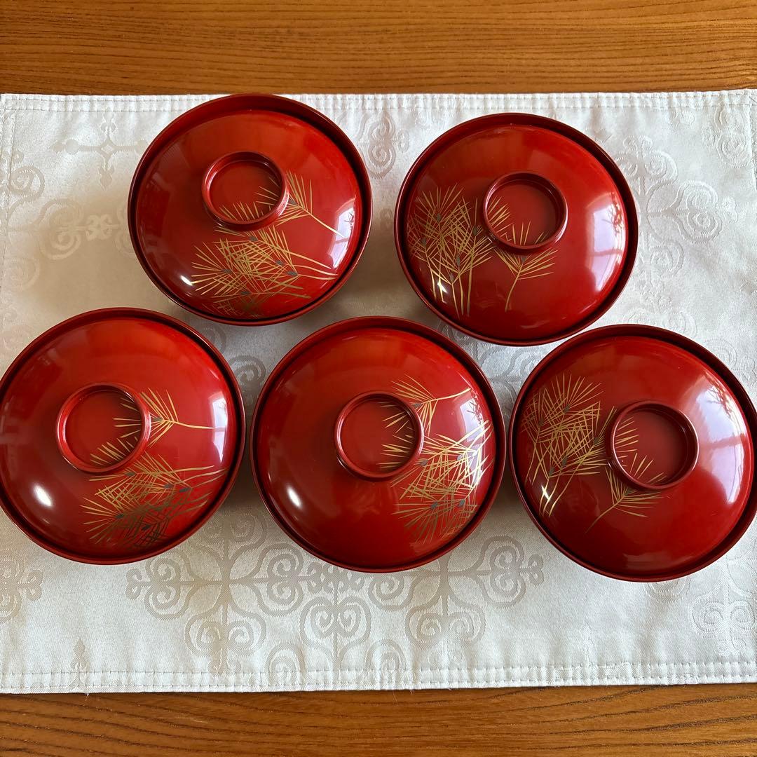 輪島塗り蒔絵松葉吸い物椀5客　 大正頃