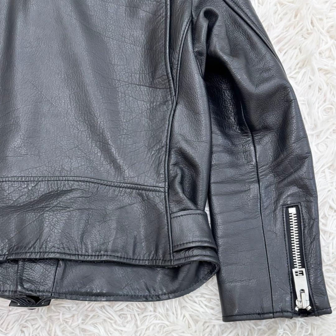 MUSSY ブラック 牛革 ライダースジャケット 黒 ベルト ファスナー 2