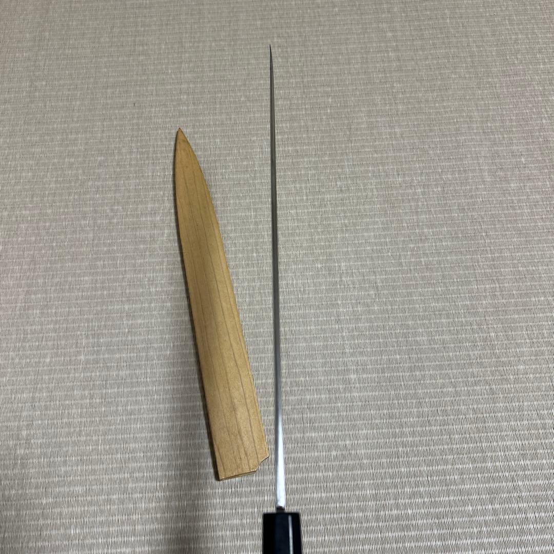 白一鋼　本焼　佑成　柳刃　包丁　和包丁　黒檀黒水牛銀巻八角柄　鞘付き