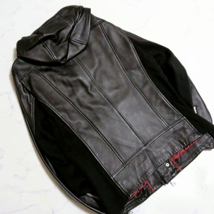 【美品】ジョニーウルフ レザージャケット パーカー ライダース 羊革 黒 L