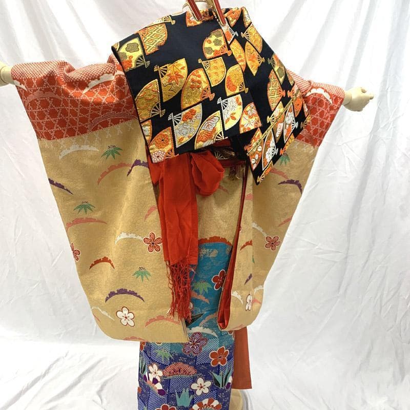 402ag12■七五三 七歳 女児 着物＆袋帯＆長襦袢 雪芝文 金彩■