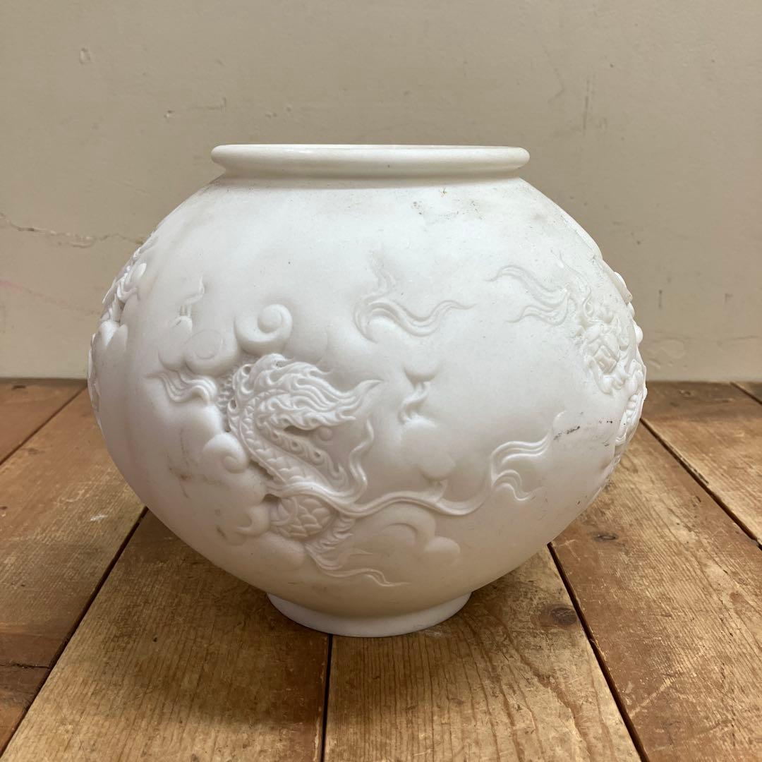 D-4 アンティーク 白大理石 龍彫刻 浮彫 丸壺 香炉 花器 縁起物 骨董