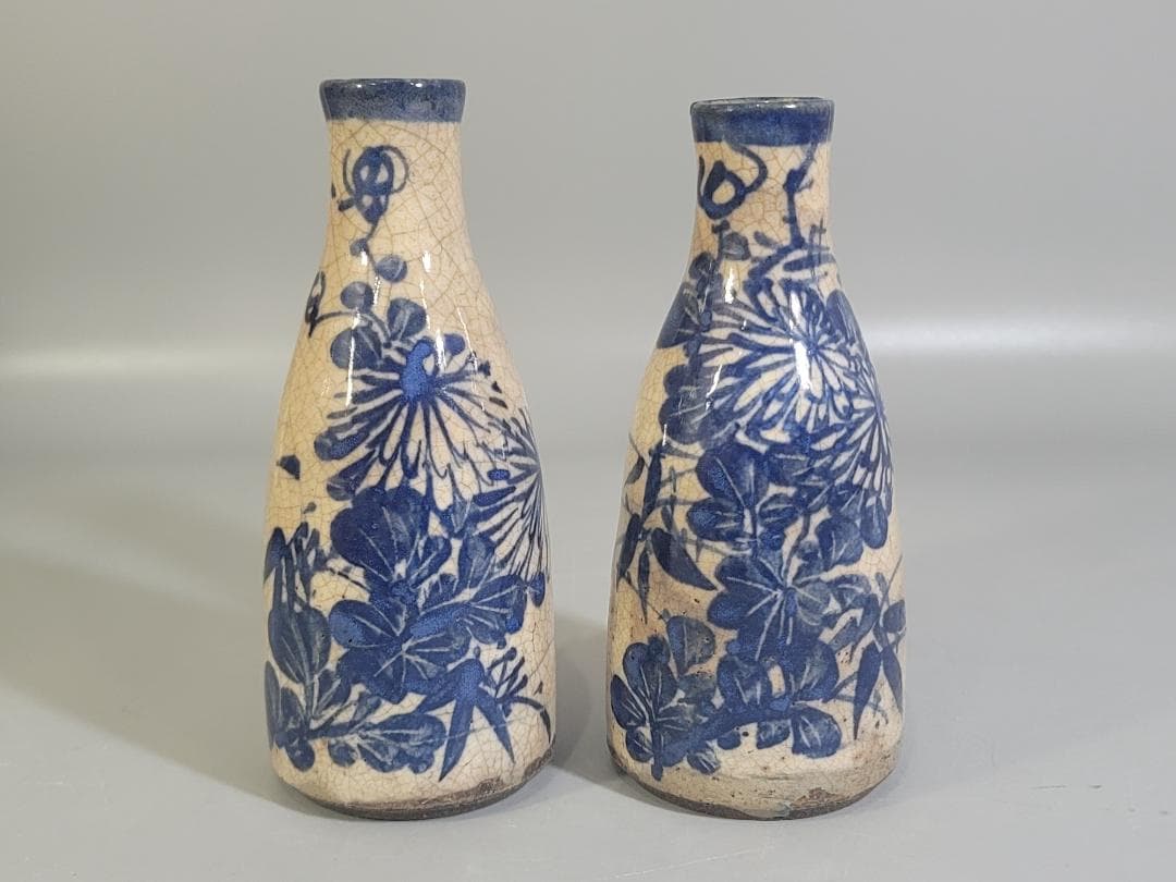 京焼 仁清造 染付 菊草模様 瓶 一対 DT441