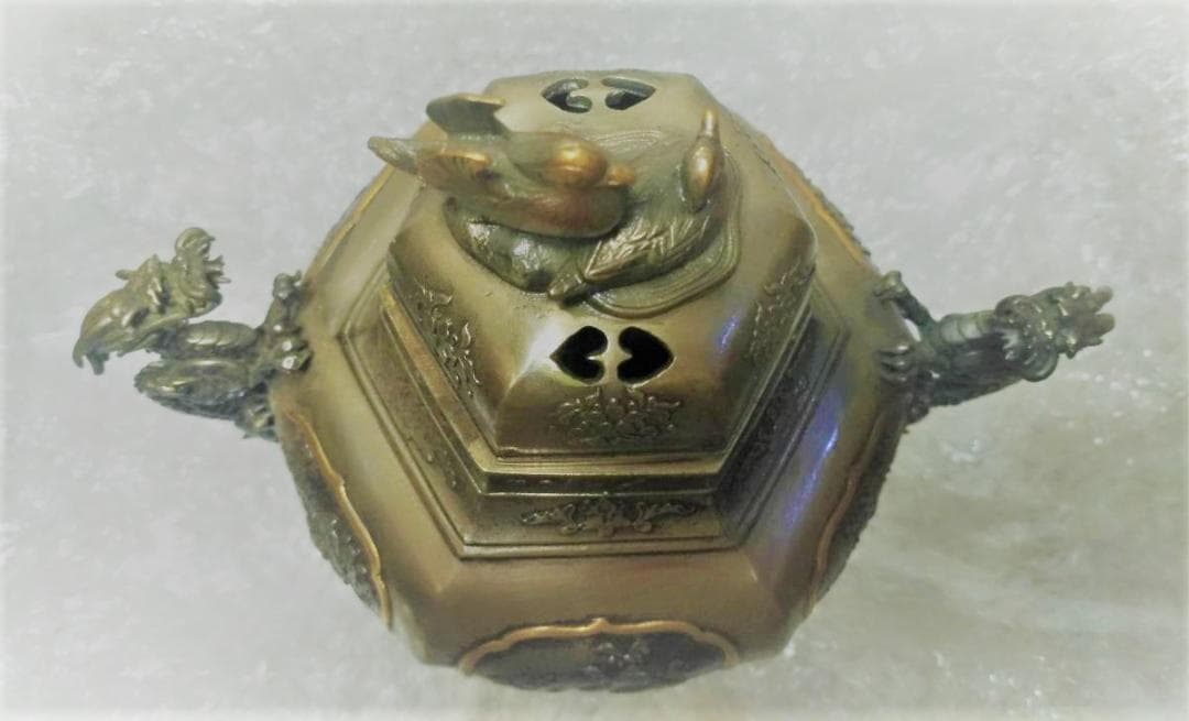 新品 香炉 一乗 銘 桐箱付き 銅錫製? 双竜 龍 伝統金属工芸品 風水 レア