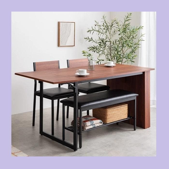 ② カフェ風 伸縮式 収納付 ダイニングセット 4点 テーブル チェア ベンチ