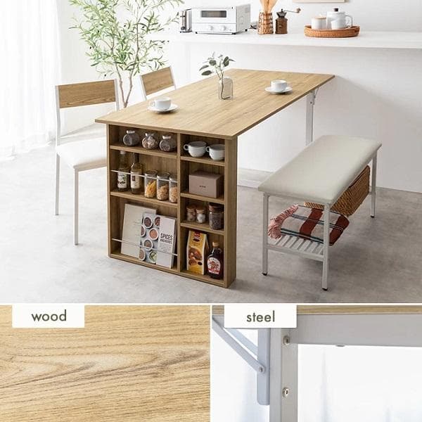 ② カフェ風 伸縮式 収納付 ダイニングセット 4点 テーブル チェア ベンチ