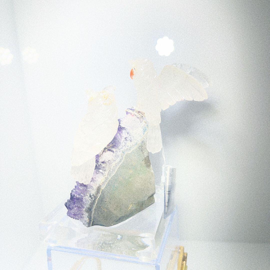 フクロウ 2羽　アメジスト原石台座置物 ブラジル産　NO25-2367