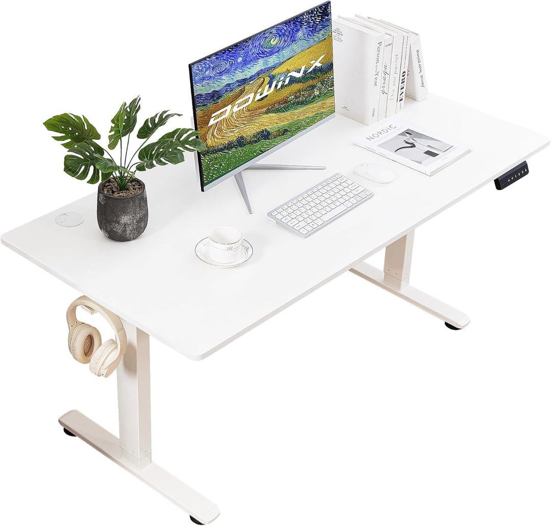電動昇降デスク W140ホワイト 静音設計 高さメモリ機能4段階左右収納フック付