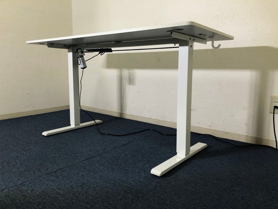 電動昇降デスク W140ホワイト 静音設計 高さメモリ機能4段階左右収納フック付