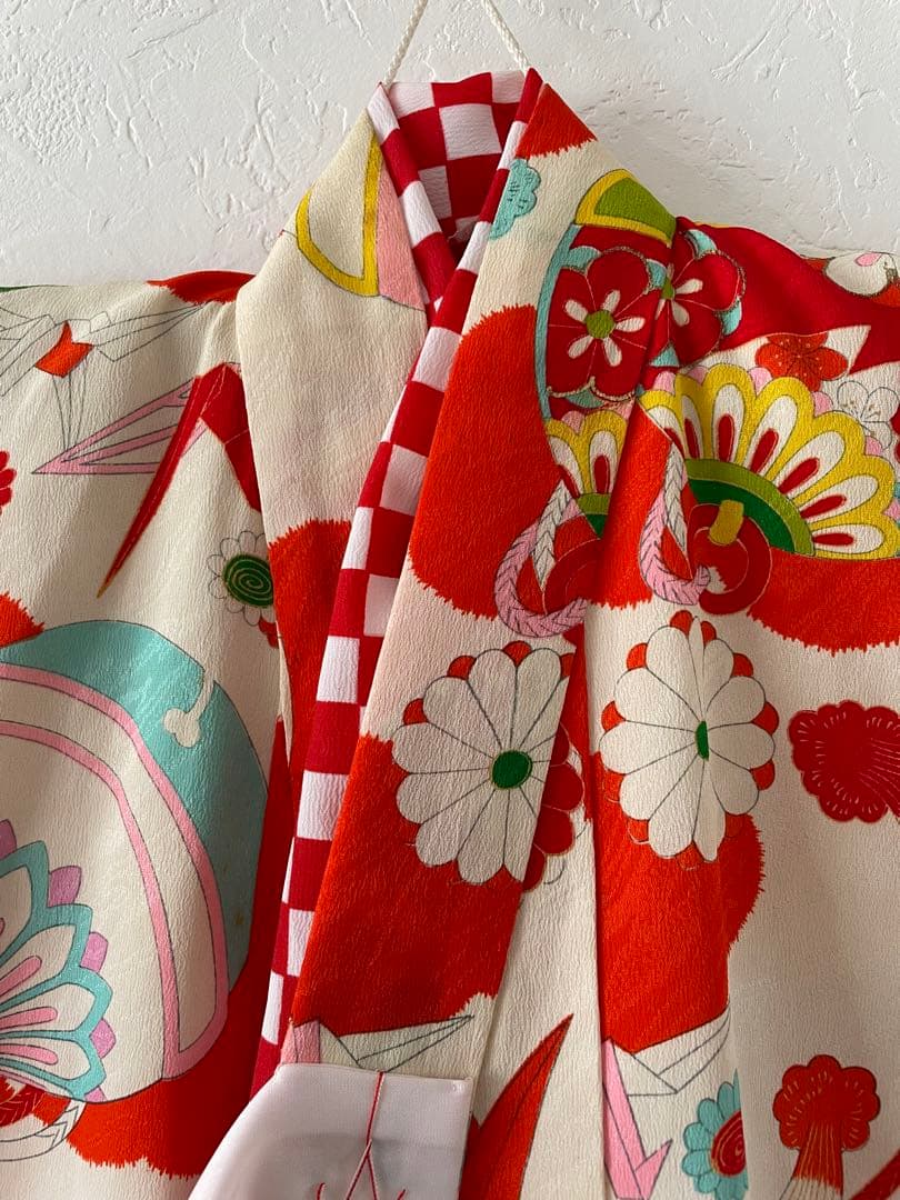 七五三　3歳　アンティークお着物セット　ハンドメイド　正絹白地の被布　草履