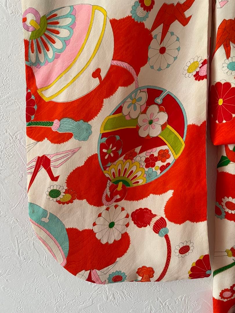 七五三　3歳　アンティークお着物セット　ハンドメイド　正絹白地の被布　草履