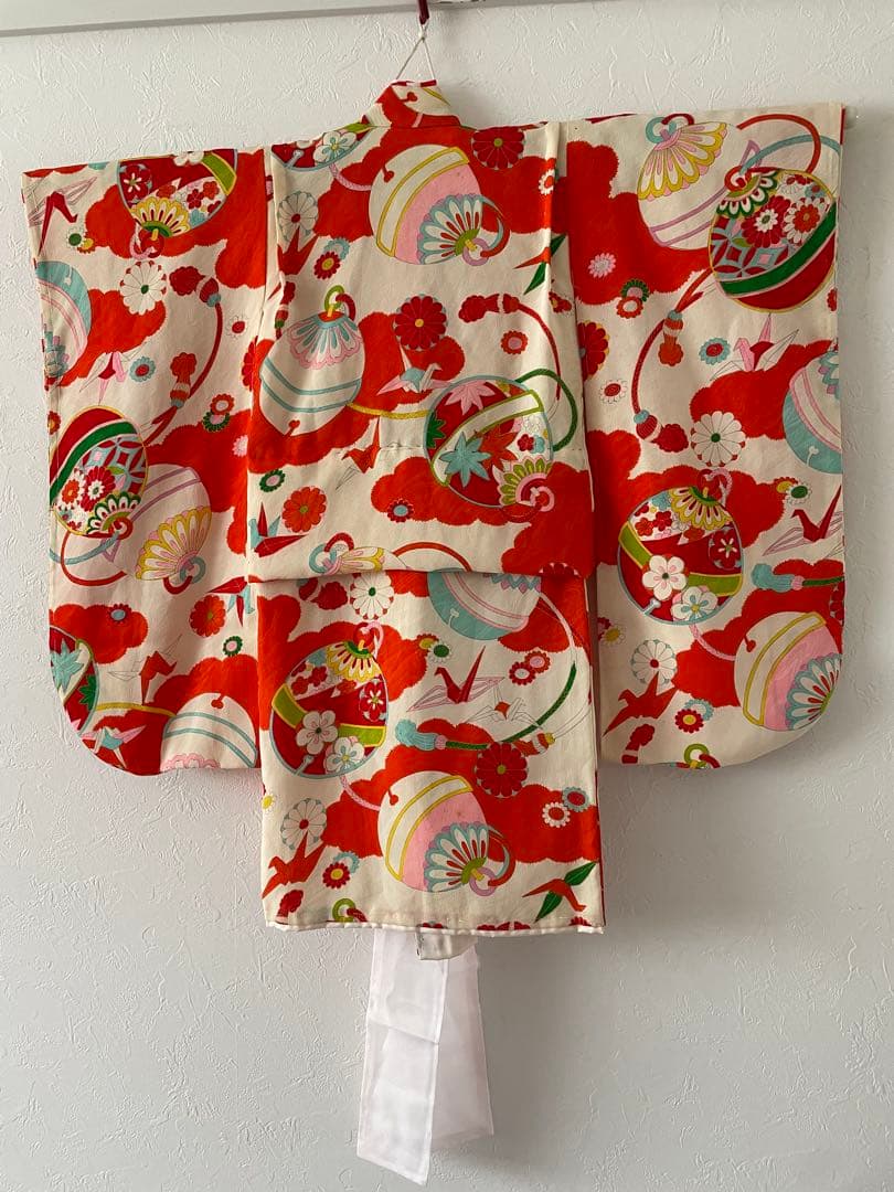 七五三　3歳　アンティークお着物セット　ハンドメイド　正絹白地の被布　草履