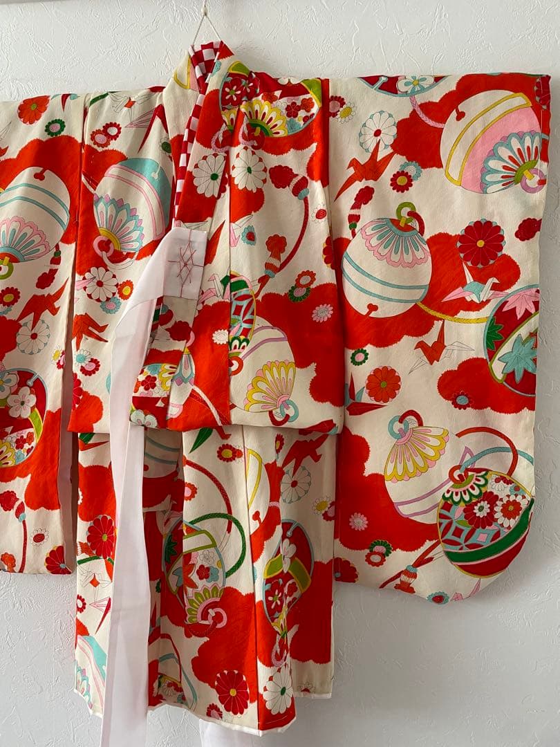 七五三　3歳　アンティークお着物セット　ハンドメイド　正絹白地の被布　草履