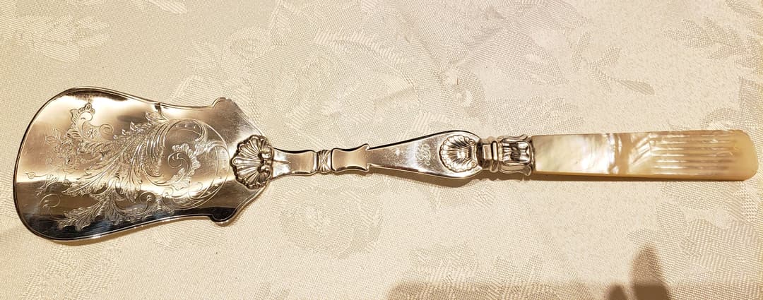 純銀P 特大 シルバープレート ケーキサーバー スプーン 白蝶貝 アンティーク