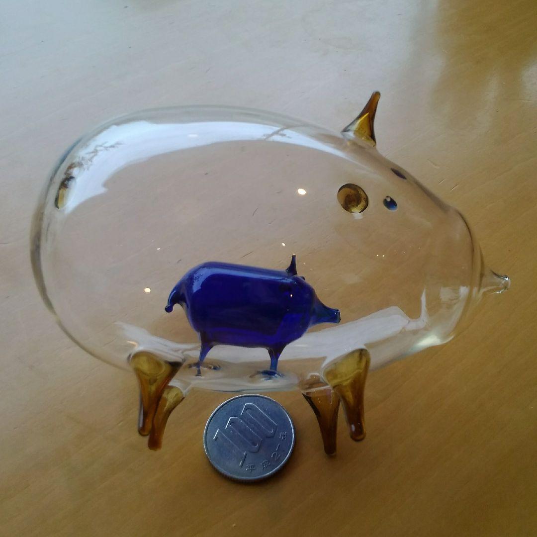 珍しく貴重な吹きガラス作品親豚のお腹に更に吹きガラスの子豚りガラス厚さ１㍉以下