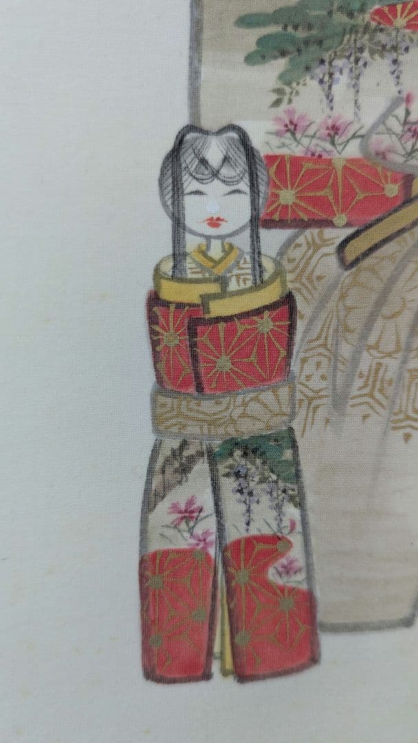 上品な立雛図 掛軸 髙嶺筆 肉筆 絹本 陶器軸【桃の節句・雛祭り】