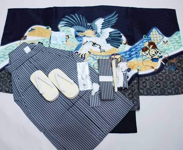 七五三 五歳 男児 羽織袴フルセット 濃紺地 縞袴 袴変更可能 NO37387