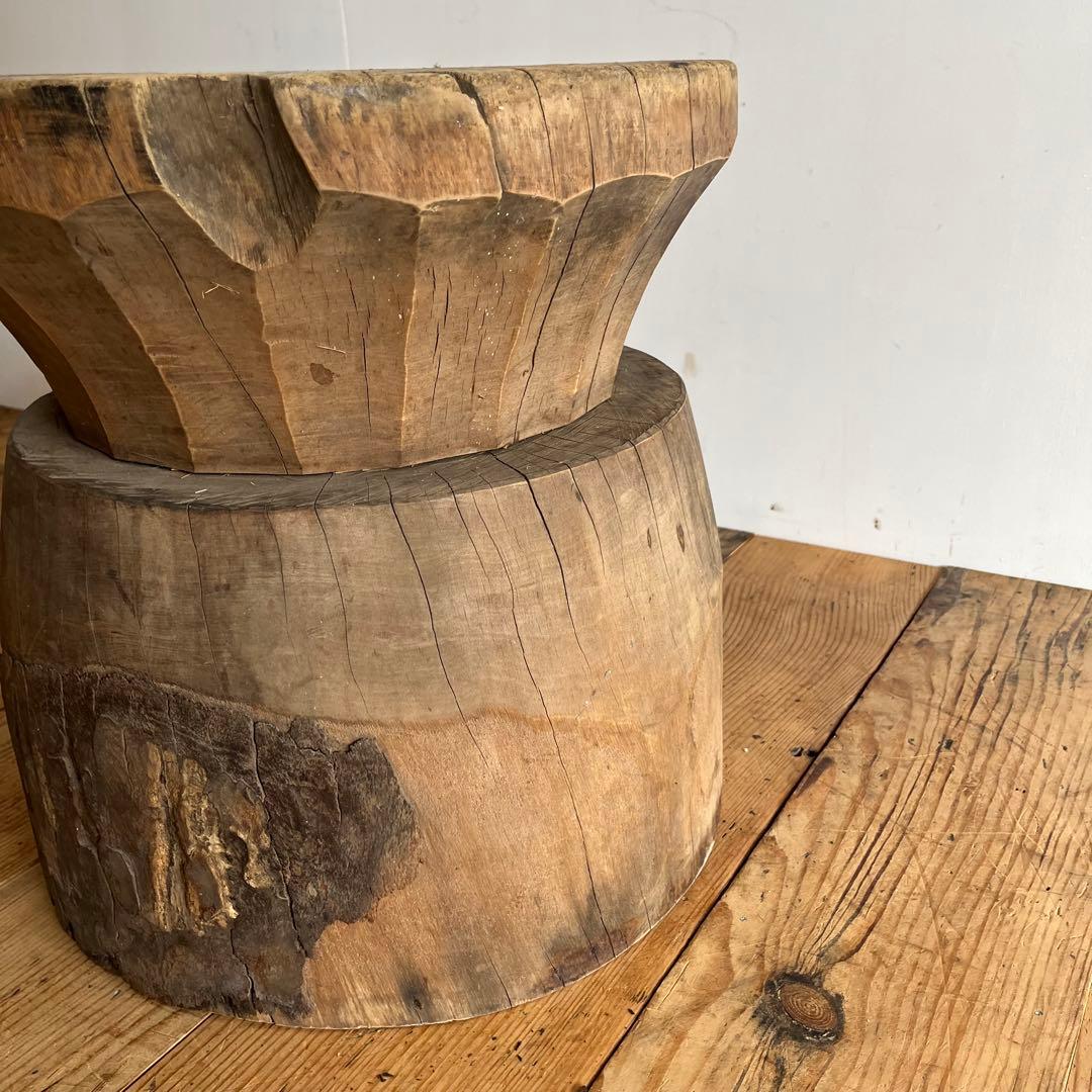アンティーク ローテーブル 椅子 欅 臼 プリミティブ 無塗装 送料込
