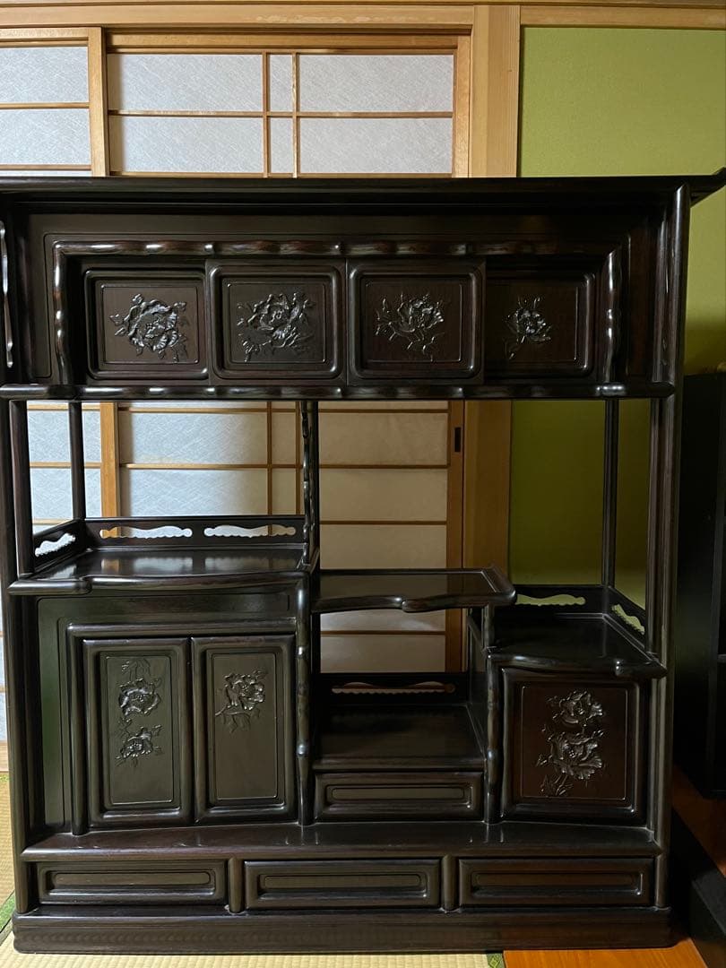 【2/8迄の出品】唐木 棚　無垢 茶棚 高さ違い棚 茶箪笥 レトロ　送料込