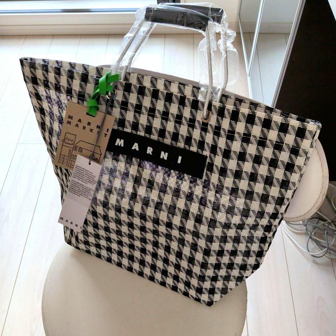 新品 MARNI マーケットトートバッグ 大きめ チェック 黒/白 A4OK