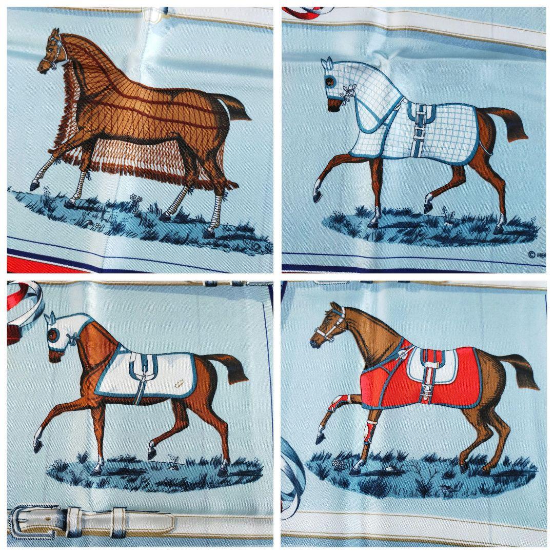 ☘️極美品☘️ HERMES カレ90　馬着　ライトブルー ネイビー