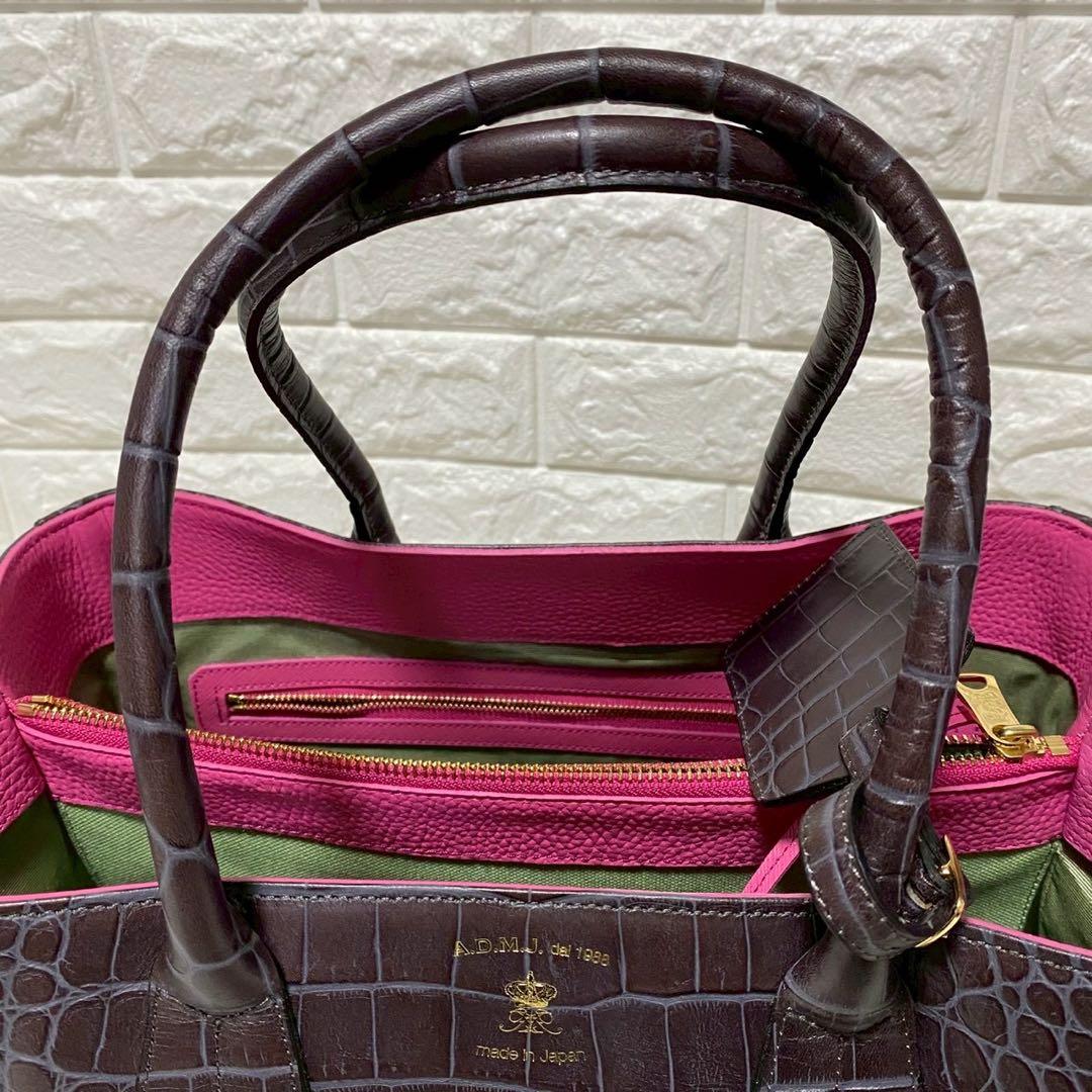 新品タグ付✨A.D.M.J.トートバッグクロコ型押し焦茶×内マルチカラー付属品⭕️