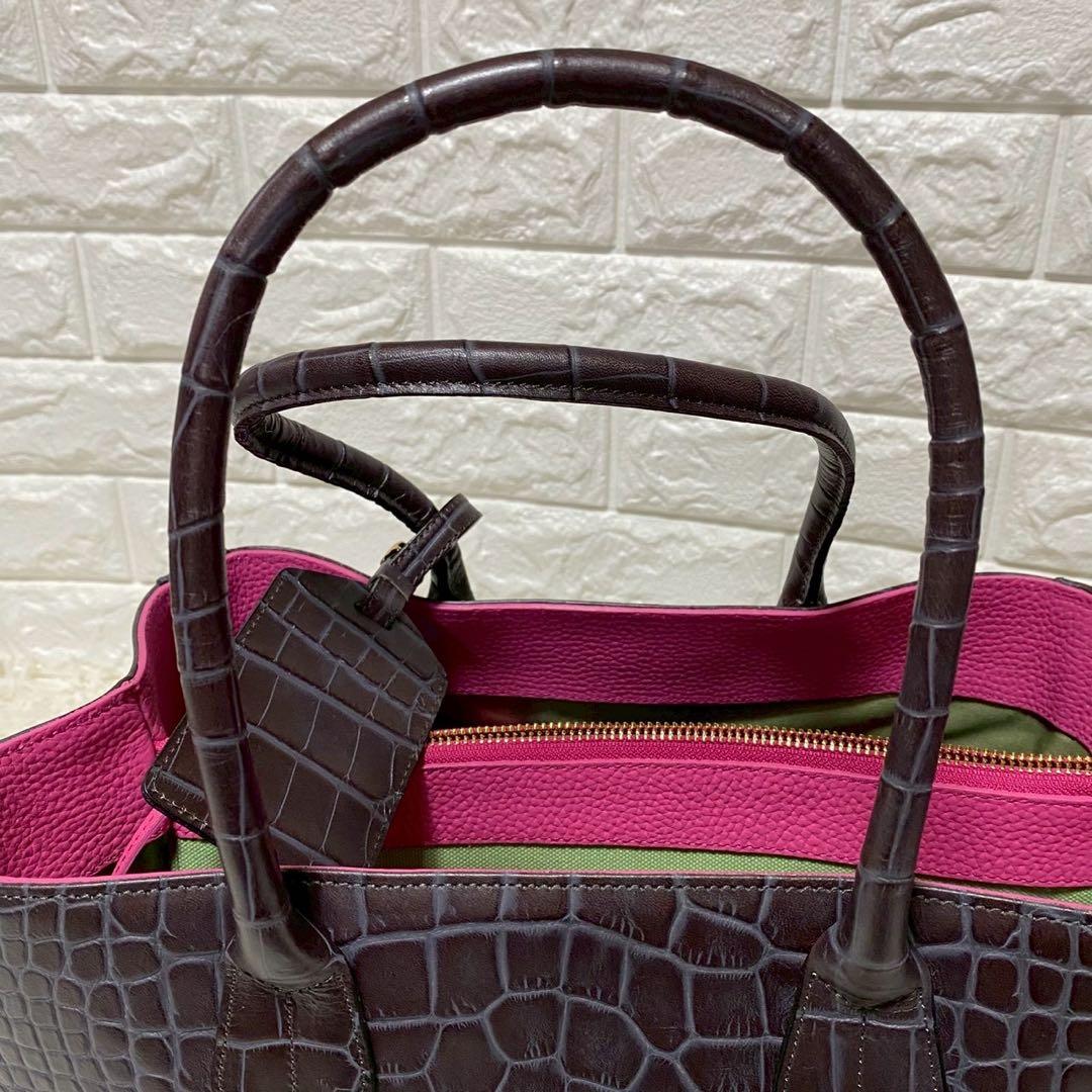 新品タグ付✨A.D.M.J.トートバッグクロコ型押し焦茶×内マルチカラー付属品⭕️