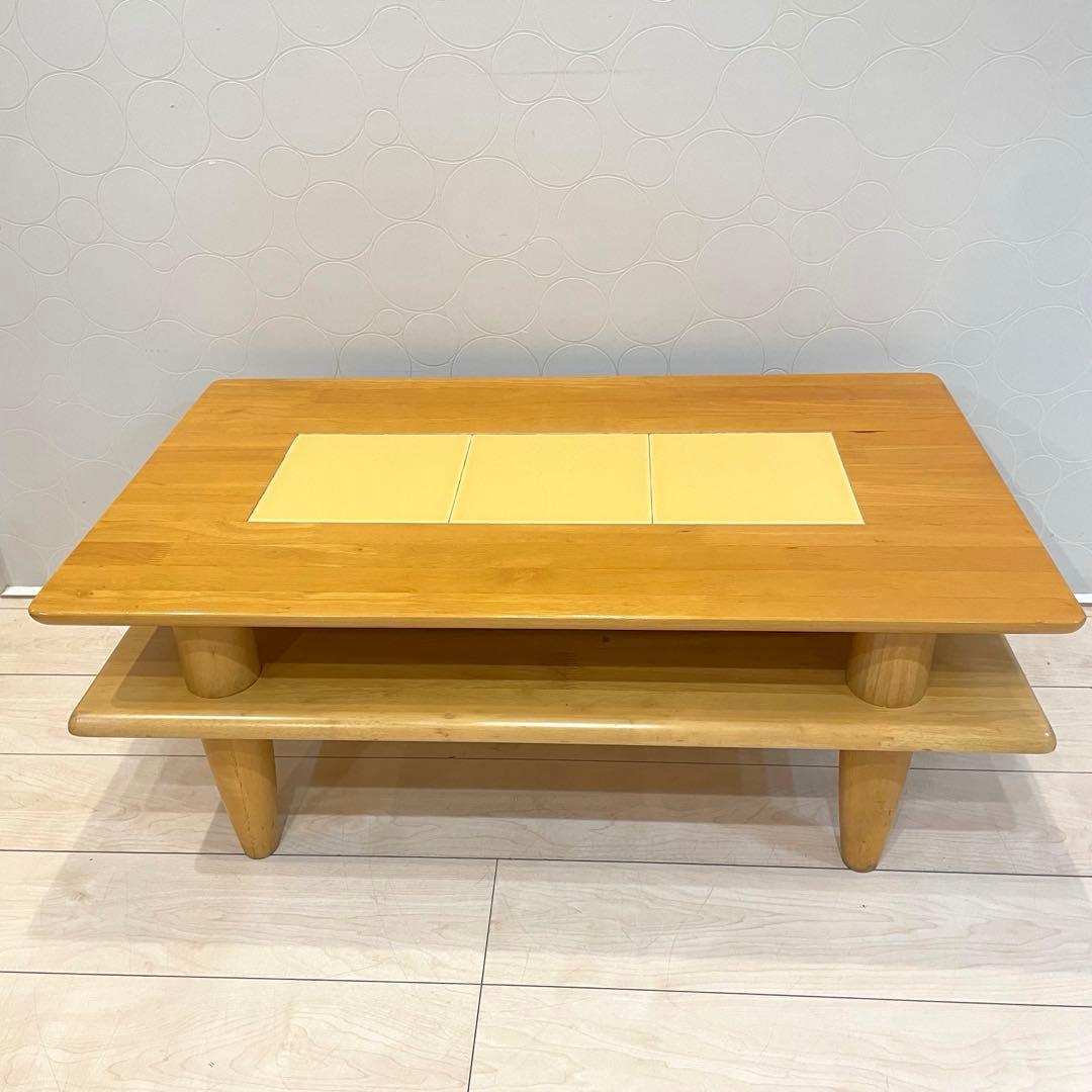 タイル天板 木製ローテーブル 棚付き ナチュラル 北欧風 ミッドセンチュリー