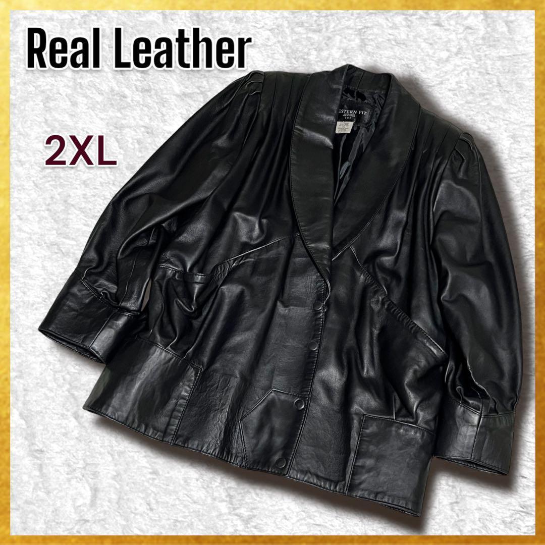 【大きいサイズ】レザー ジャケット ヘチマカラー ドレープ オーストラリア製 黒