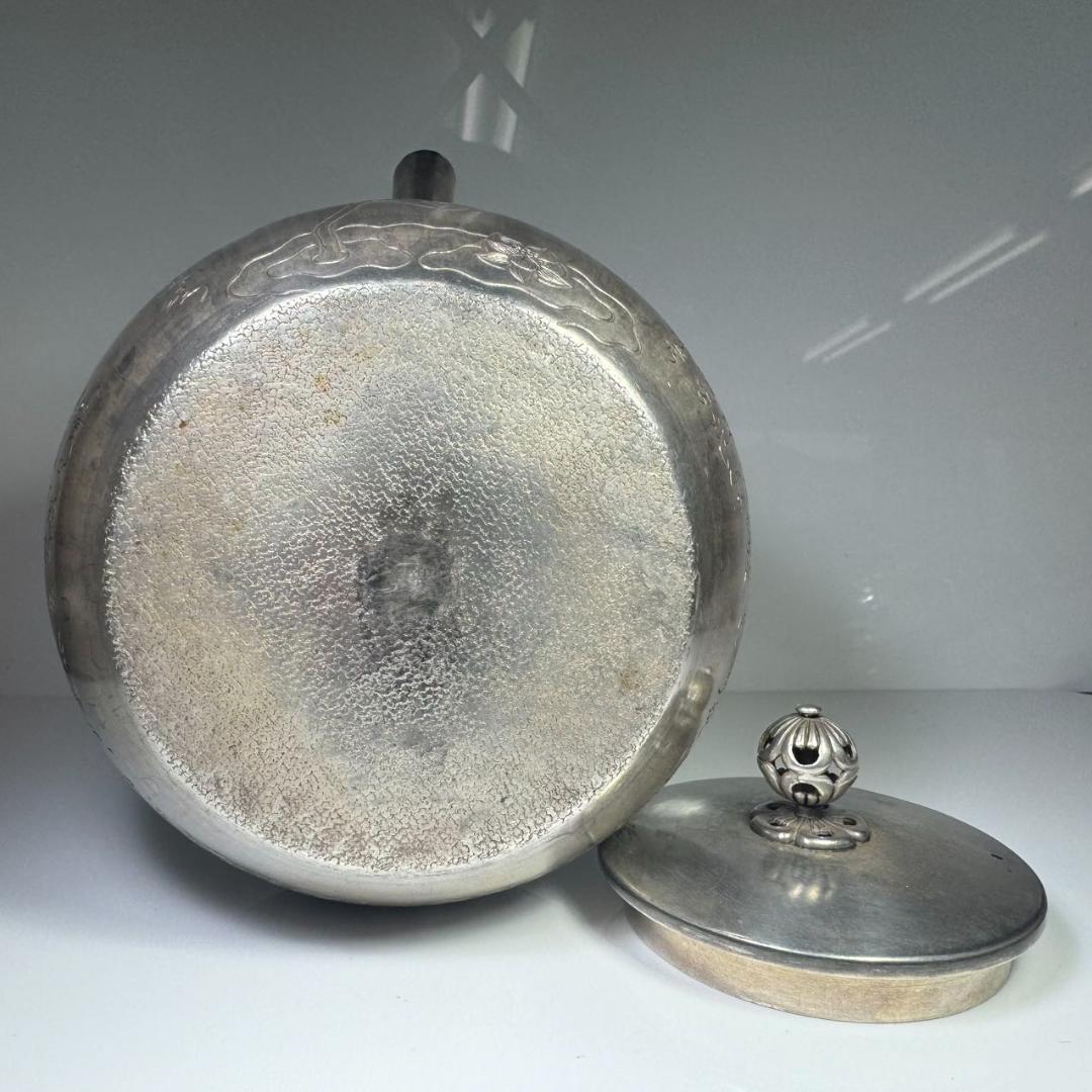 純銀製 般若心経彫 湯沸 透かし彫り取手 鳴付 銀瓶 茶道具 薬缶 純銀保証