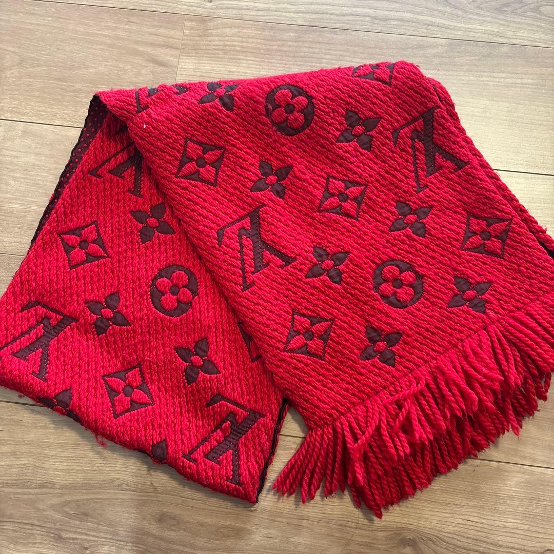 正規品　ルイヴィトン ニットマフラー エシャルプ ロゴマニア レッド モノグラム