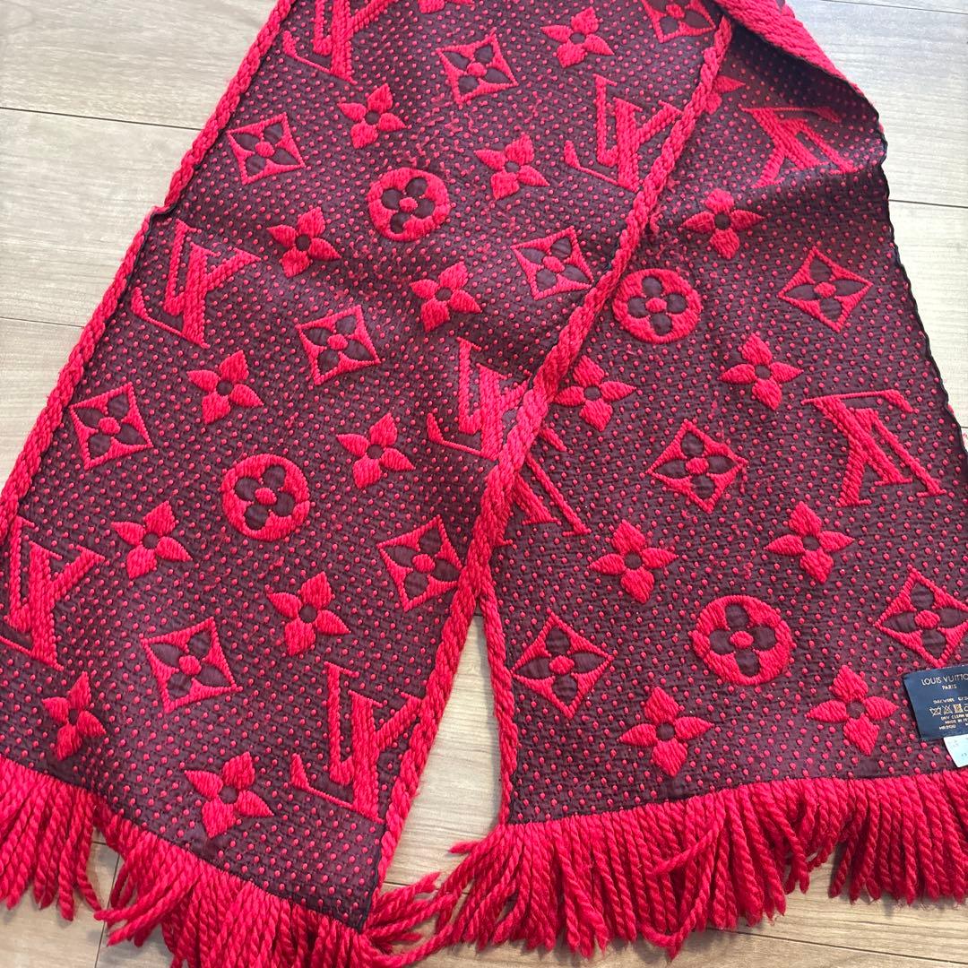 正規品　ルイヴィトン ニットマフラー エシャルプ ロゴマニア レッド モノグラム