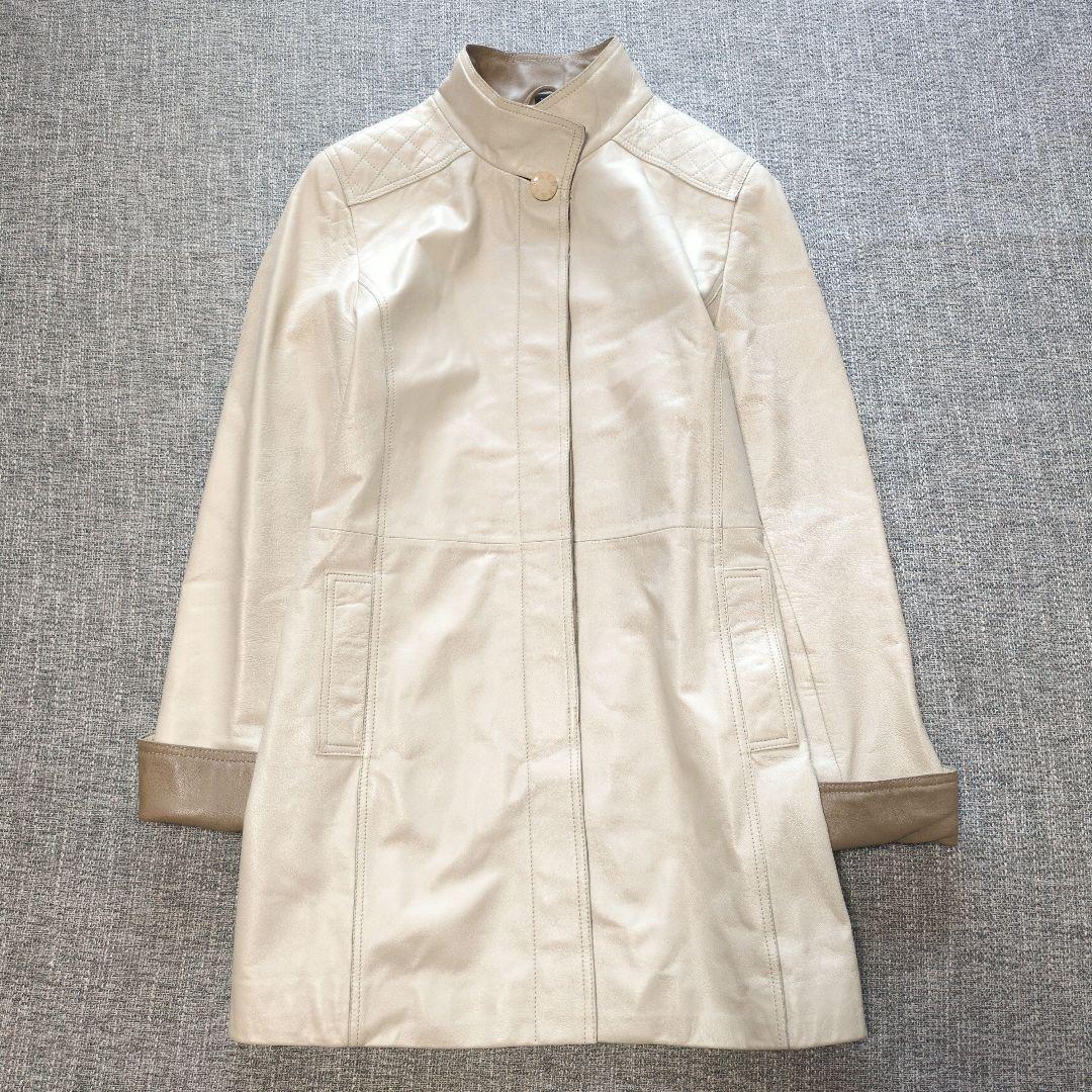 バルマン　ラムレザー　バイカラーコート　アイボリー×ブラウン　本革　羊革